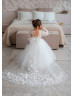 Long Sleeves Ivory 3D Lace Tulle Flower Girl Dress With Detachable Train
